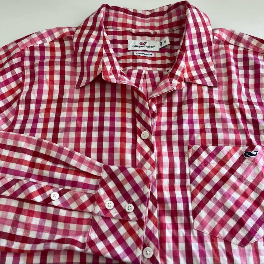 Vineyard Vines Cashmere Blend  Pink and Red Plaid Button Down Shirt